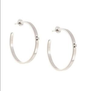 Nwot Tory Burch Silver Logo One Raised Stud Hoop Earirngs, Comes With Dust Bag